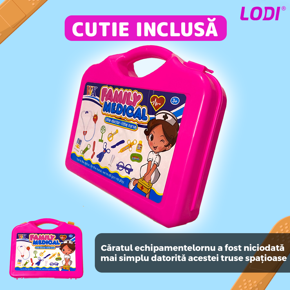 Set Trusa Medicala Asistenta Doctor Lodi477, joc de rol, 11 accesorii si cutie penntru depozitare, 37.5 x 21 cm, roz inchis