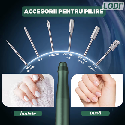 Pila Electrica Profesionala pentru Unghii Lodi1138, freza wireless, 18000 RPM, ecran LED, manichiura-pedichiura, 12 capete pentru pila, 36 benzi de slefurie, portabila, verde