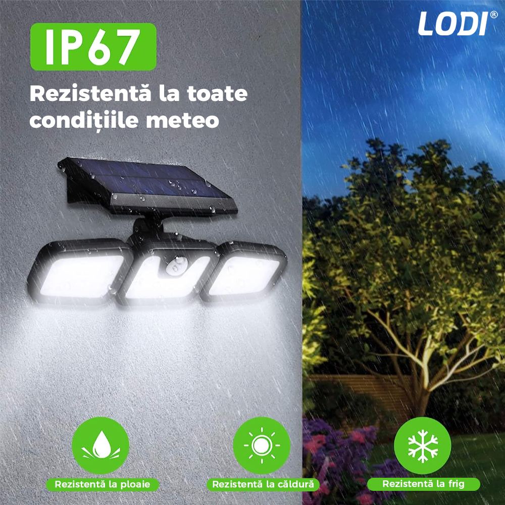 Lampa Solara Tripla 72 LED-uri Lodi64, senzor de miscare, 3 moduri de iluminare, protectie IP67, Waterproof, exterior, negru