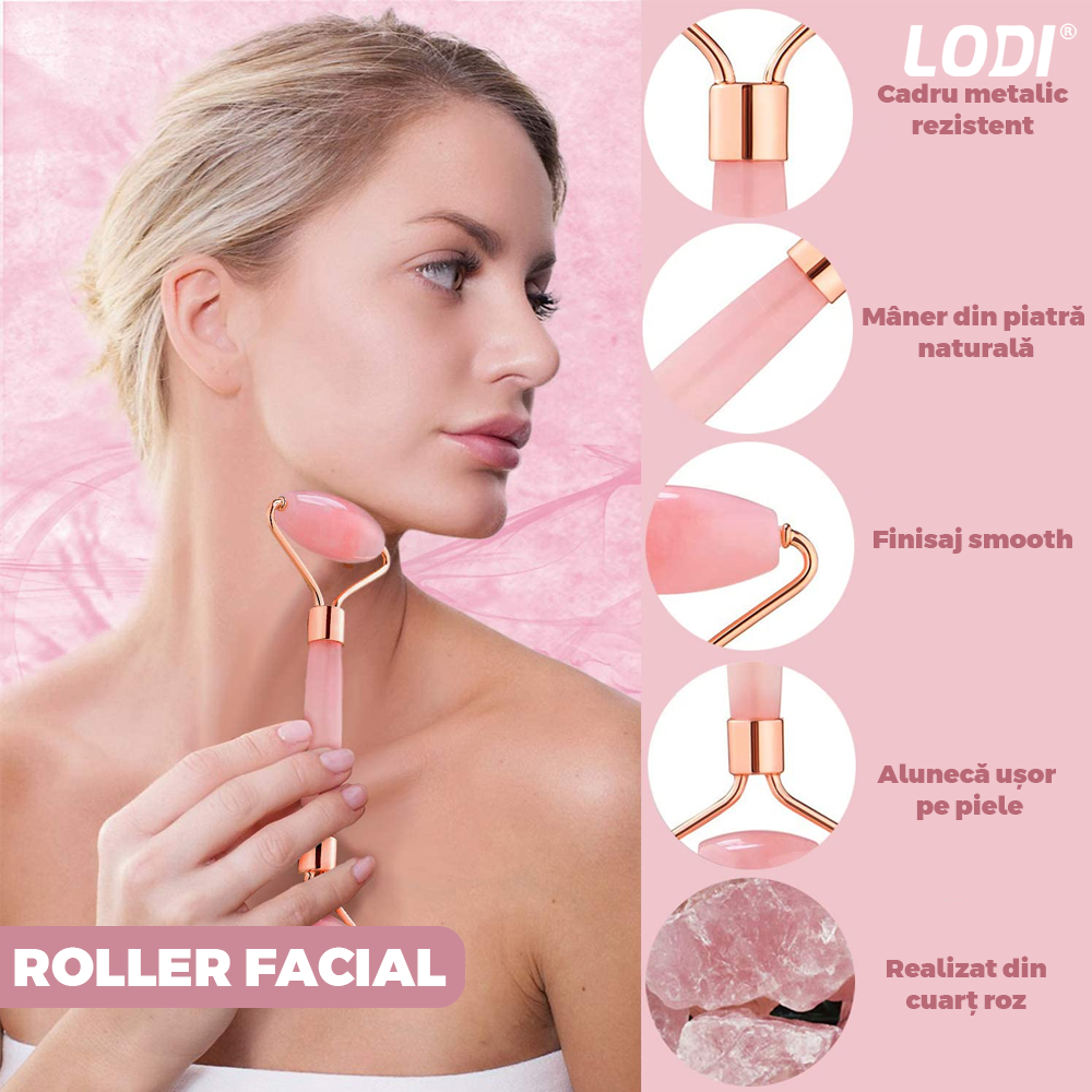 Set 3 Accesorii pentru Masaj Facial Lodi655, cu aparat face roller, piatra gua sha, pensula pentru aplicarea cosmeticelor, rezultate vizibile, piatra naturala  din quartz roz