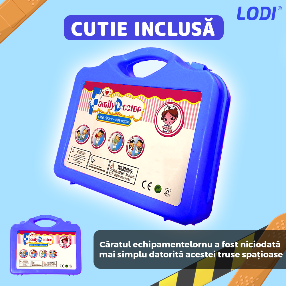 Set Trusa Medicala Asistenta Doctor Lodi482, joc de rol, 13 accesorii si cutie penntru depozitare, mini pacient, 37.5 x 21 cm, albastru