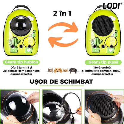 Rucsac Transport Animale Lodi27, greutate Max 7kg, hublou transparent, buzunar lateral, accesorii incluse, pentru talie mica, model Cactus, verde