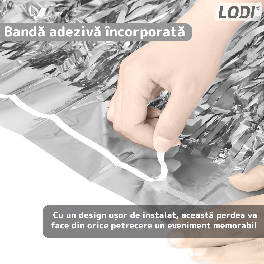 Set 2 Bucati Perdea Decorativa Lodi324, din folie argintiu metalizat, pentru petreceri aniversare