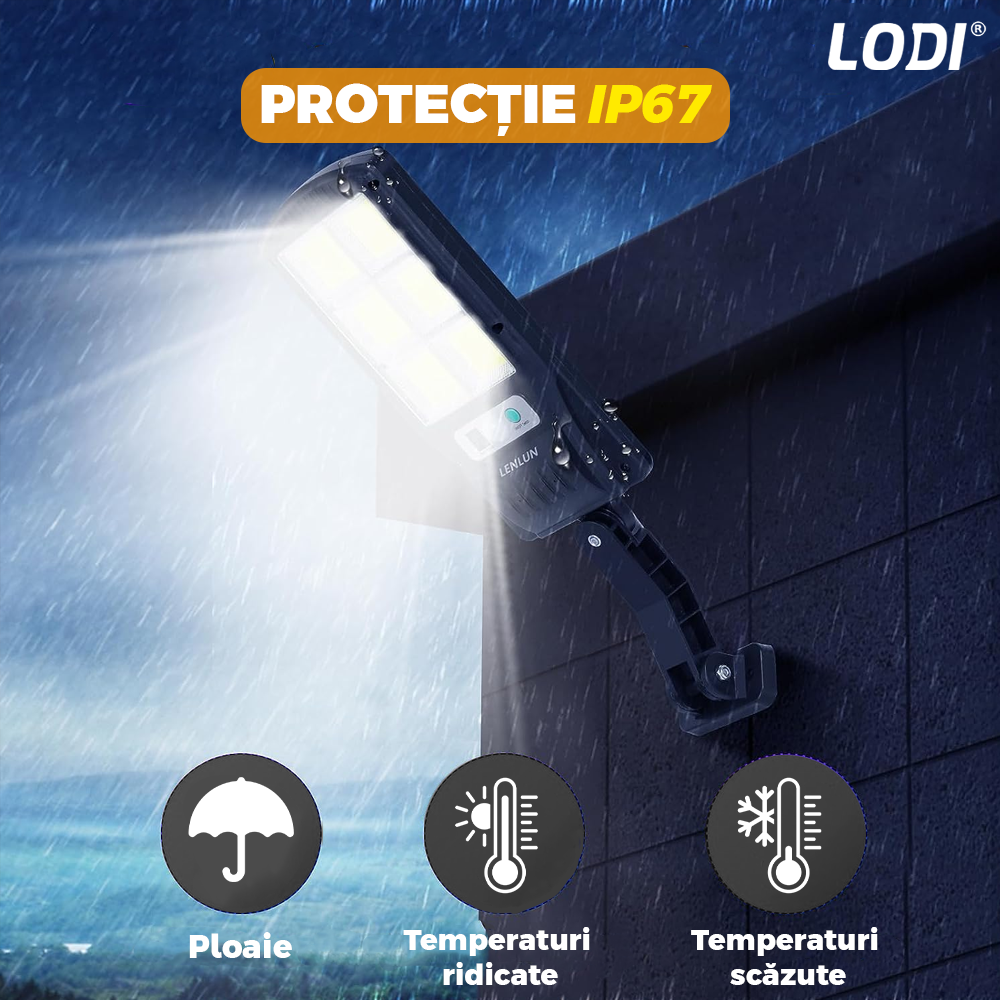 Lampa Solara Stradala 6 LED-uri Lodi861, control prin telecomanda, senzor de miscare, 3 moduri de iluminare, protectie IP67, Waterproof, exterior, negru