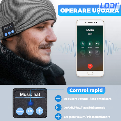 Caciula Bluetooth Unisex Lodi1494, hands-free, microfon, difuzoare stereo incorporate, sistem audio detasabil, curatare usoara, comoda, pentru alergare/drumetii, gri deschis
