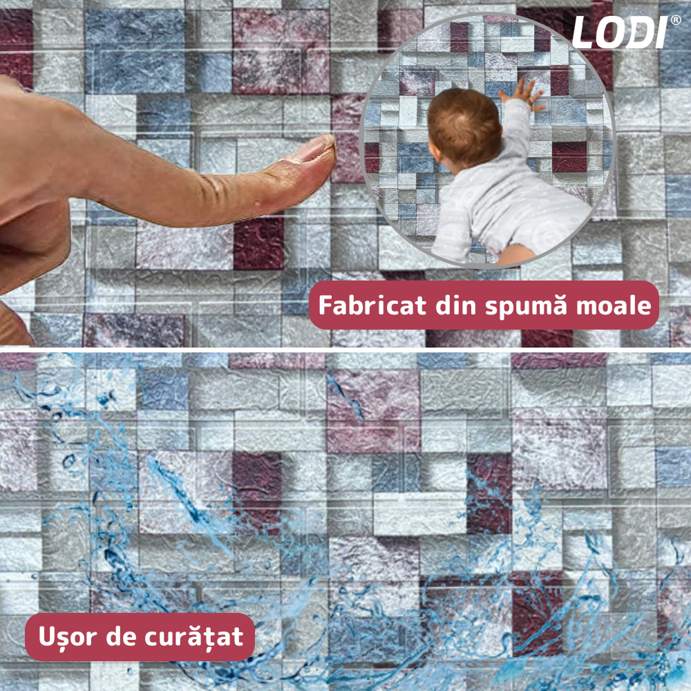 Set Tapet Caramida 3D Lodi®, Model Piatra Mozaic, autoadeziv, waterproof, usor de montat, design modern, 70x77 cm, multicolor