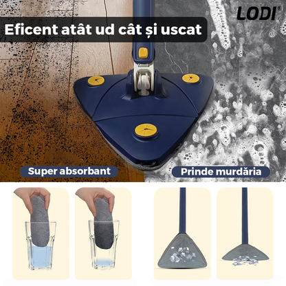 Mop cu Cap Triunghiular Lodi321, rotire 360 grade, telescopic, curatare usoara, 4 lavete incluse, 127 cm, albastru/galben