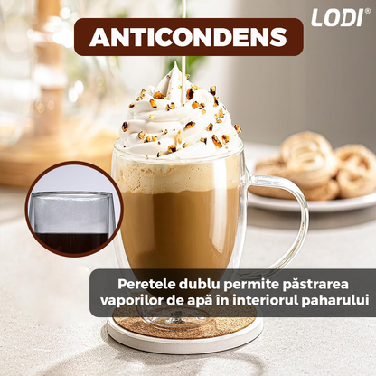 Set 4 Cani de Sticla cu Perete Dublu Lodi859, model rotund, design modern, termorezistente, capacitate 350 ml, 12 x 9 cm
