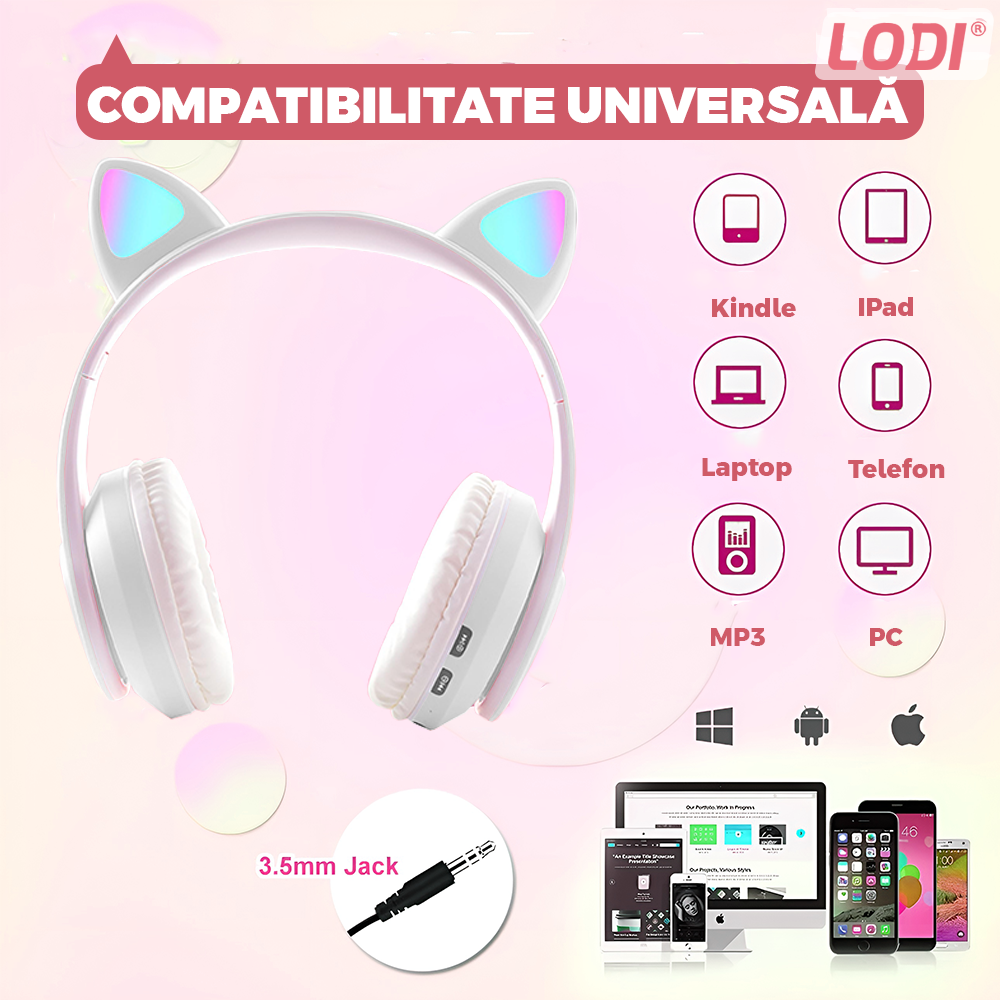 Casti Wireless Model Pisica Lodi1446, B39, overear, urechi de pisica cu iluminare RGB, bluetooth 5.0, handsfree, HiFi, bass stereo, alb