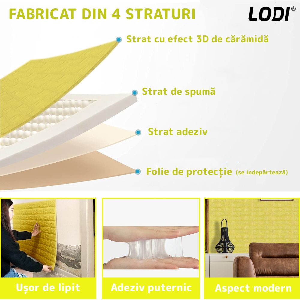 Set Tapet Caramida 3D Lodi55, suprafata acoperire 5.3 mp, autoadeziv, waterproof, usor de montat, design modern, 70x77 cm, galben