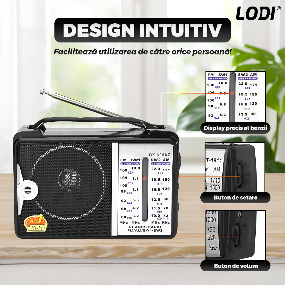 Radio Portabil Lodi1418, FM/AM/SW1/SW2, mod dual de alimentare, baterii/la priza, receptie ridicata ce prinde posturi regionale/la sate, negru