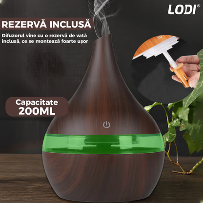 Difuzor Aromaterapie Lodi1463, forma conica, lumini ambientale, control tactil, capacitate 200ml, silentios, rezerva inclusa, alimentare USB, umidifica aerul, stejar inchis