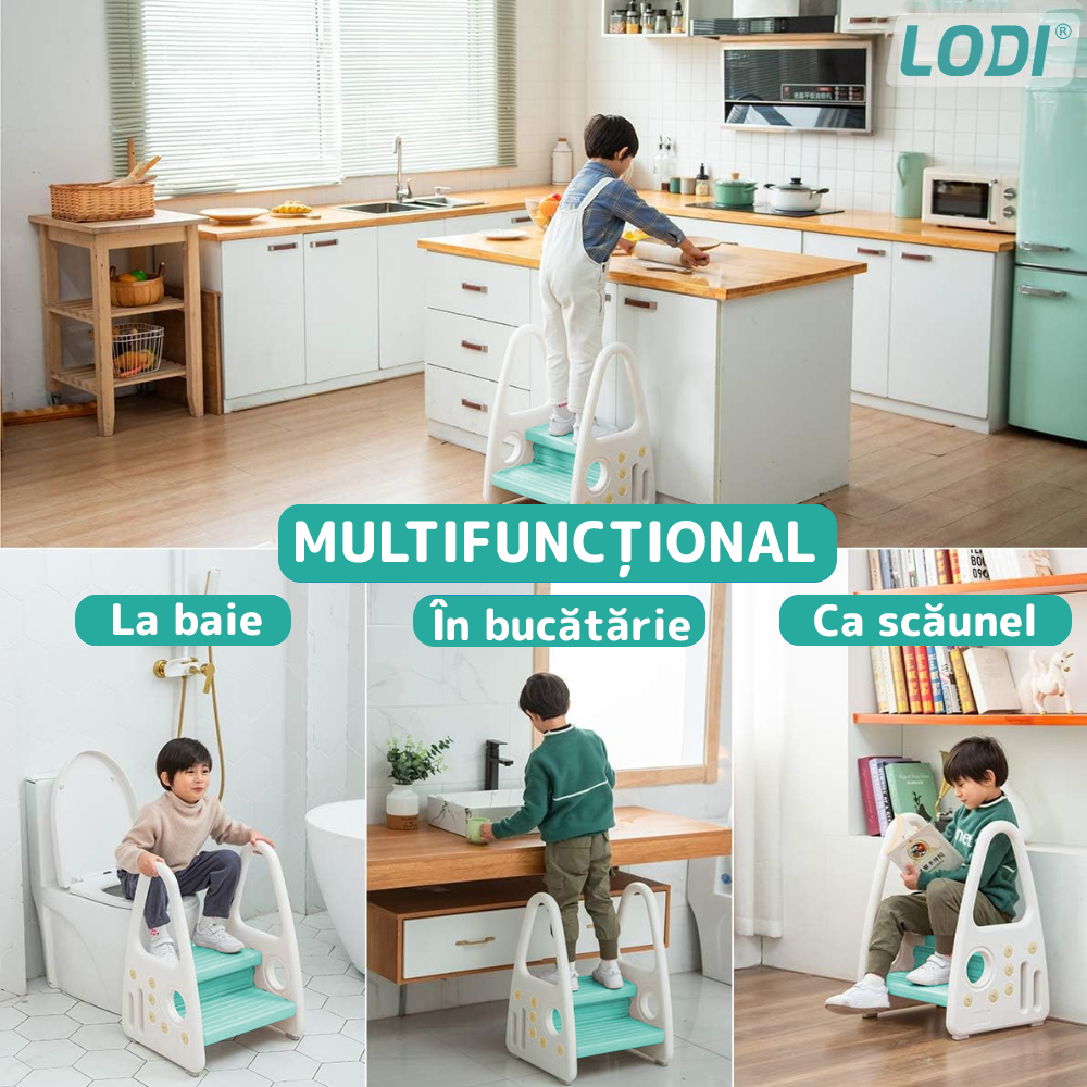 Scaunel Inaltator pentru Copii Lodi640, multifunctional,  tip scara, doua trepte, suprafata anti-alunecare, manere laterale, pentru bucatarie/baie, confortabil, sigur, turcoaz