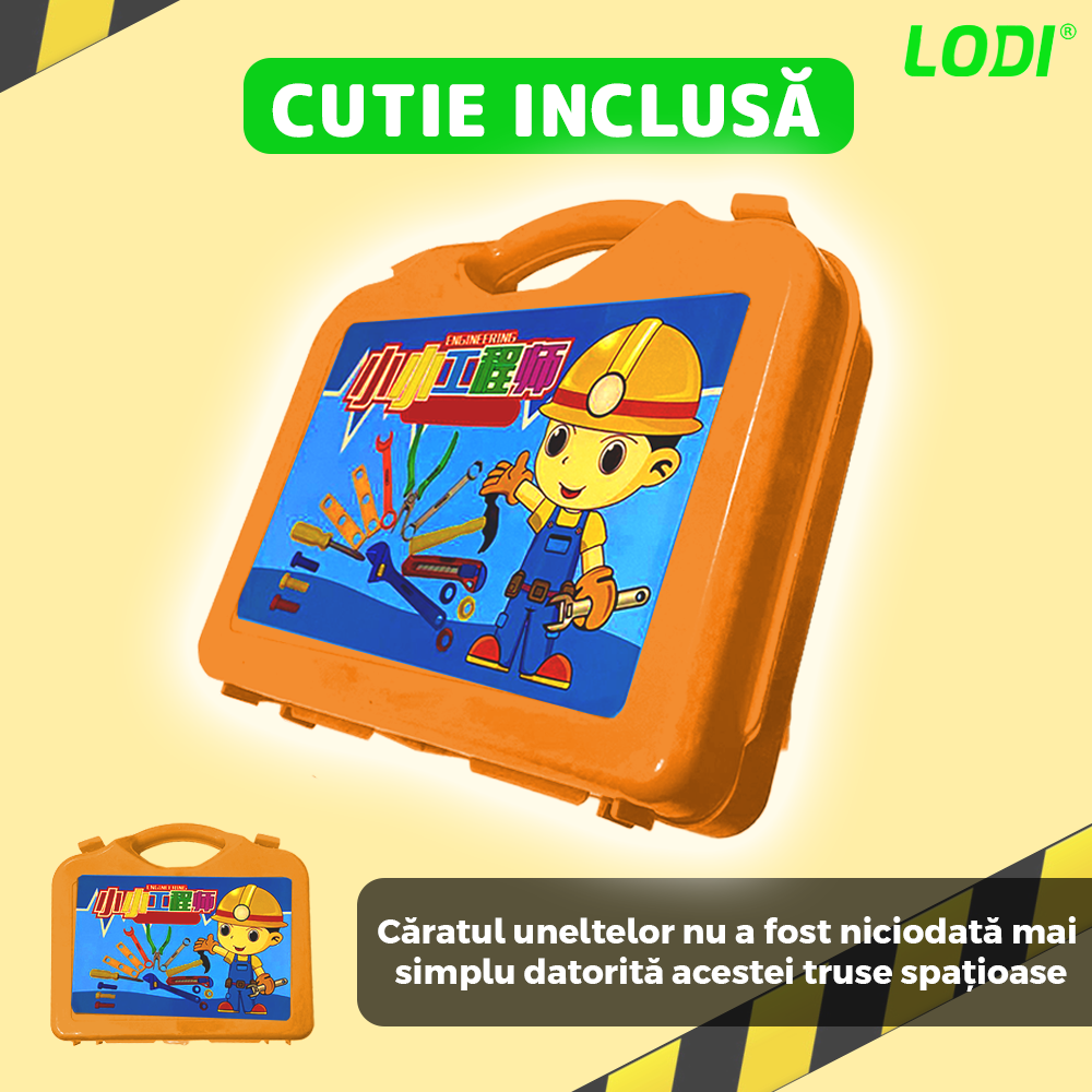 Set Trusa de Unelte si Scule Lodi476, jucarie de rol, 14 accesorii si cutie pentru depozitare. 37.5 x 21 cm, portocaliu