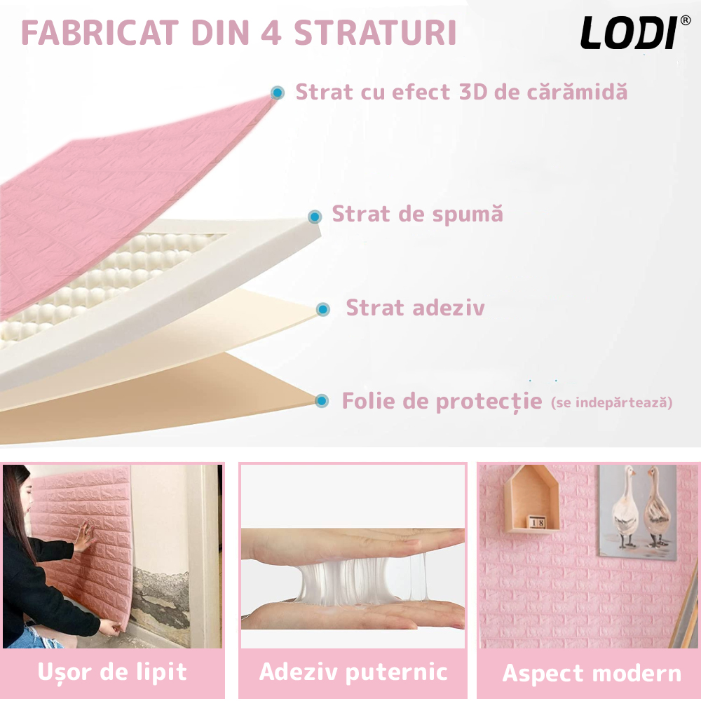 Set Tapet Caramida 3D Lodi53, suprafata acoperire 5.3 mp, autoadeziv, waterproof, usor de montat, design modern, 70x77 cm, roz