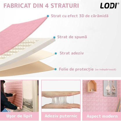 Set Tapet Caramida 3D Lodi53, suprafata acoperire 5.3 mp, autoadeziv, waterproof, usor de montat, design modern, 70x77 cm, roz