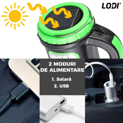 Lanterna Solara de Camping Lodi270, 2 moduri de alimentare, 5 moduri de iluminare, portabila, pentru drumetii, port USB, reincarcabila, verde