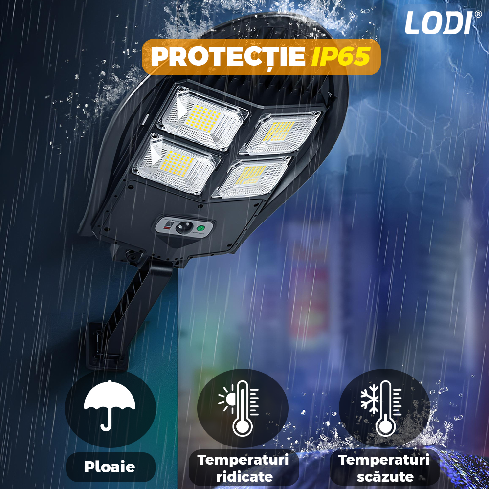 Lampa Solara Stradala 168 LED-uri Lodi871, rotunda, control prin telecomanda, senzor de miscare, 3 moduri de iluminare, protectie IP65, Waterproof, exterior, negru