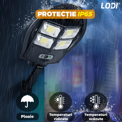 Lampa Solara Stradala 168 LED-uri Lodi871, rotunda, control prin telecomanda, senzor de miscare, 3 moduri de iluminare, protectie IP65, Waterproof, exterior, negru