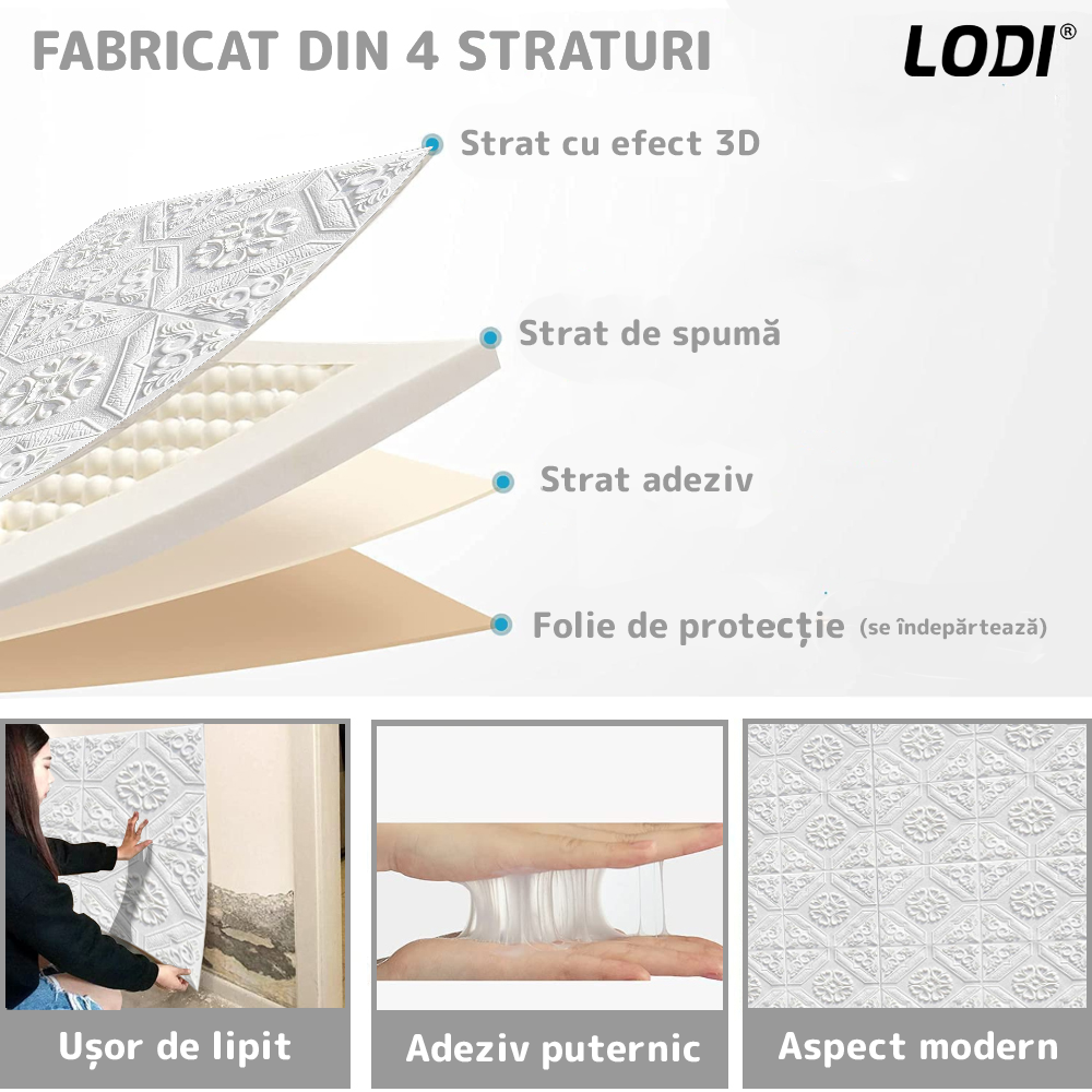 Set 10x Tapet 3D Lodi774, suprafata acoperire 4.9 mp, autoadeziv, Model Floral Carou, perete/tavan, waterproof, usor de montat, design modern, 70x70 cm, alb