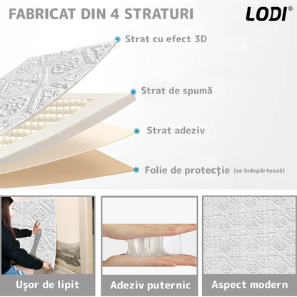 Set 10x Tapet 3D Lodi774, suprafata acoperire 4.9 mp, autoadeziv, Model Floral Carou, perete/tavan, waterproof, usor de montat, design modern, 70x70 cm, alb
