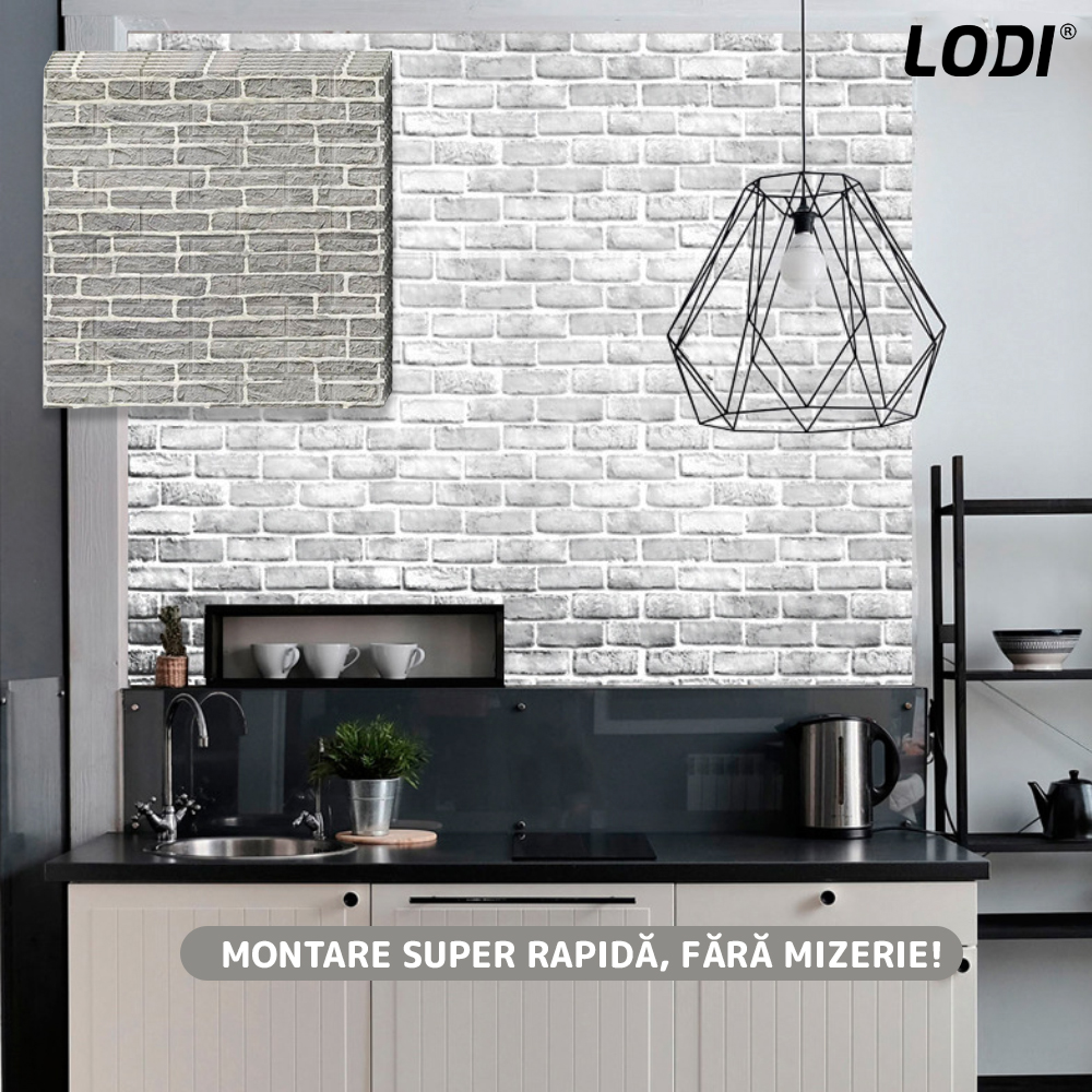 Set Tapet Caramida 3D Lodi83, Model Piatra Dreptunghiulara, suprafata acoperire 5.3 mp, autoadeziv, waterproof, usor de montat, design modern, 70x77 cm, gri