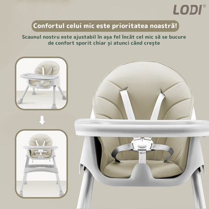 Scaun de Masa 3in1 pentru Bebelusi si Copii Lodi636, inaltime ajustabila, centura de siguranta in 5 puncte, tavita reglabila si detasabila, loc depozitare jucarii, bej