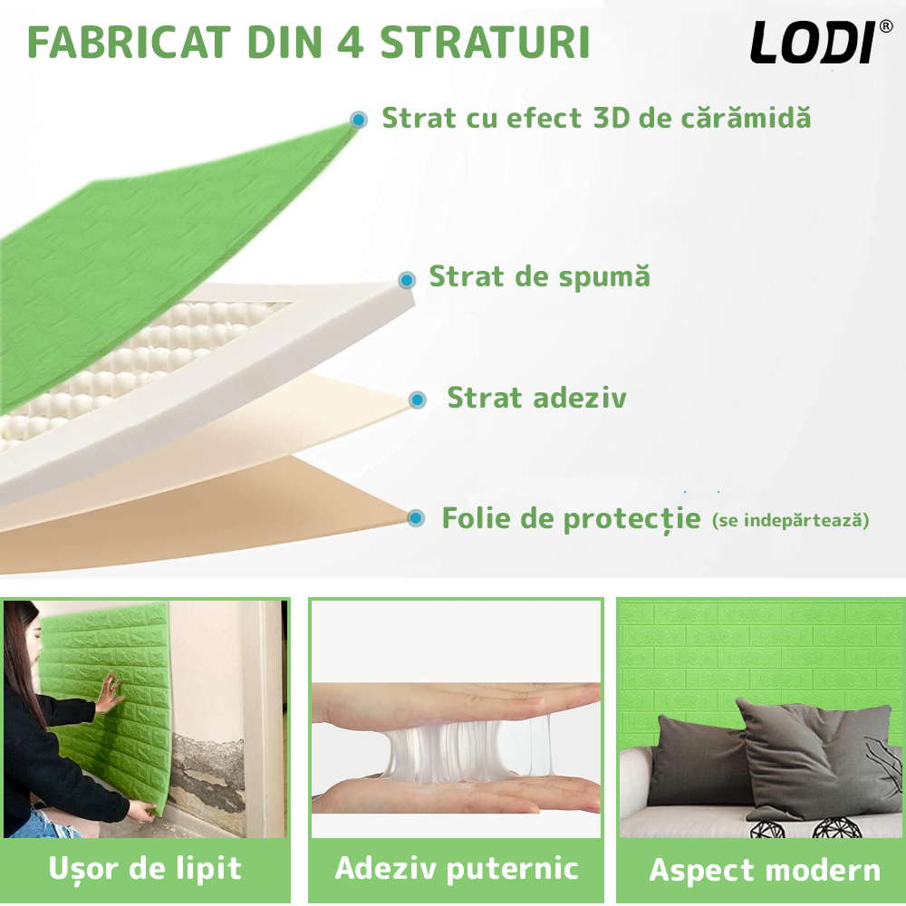 Set Tapet Caramida 3D Lodi54, suprafata acoperire 5.3 mp, autoadeziv, waterproof, usor de montat, design modern, 70x77 cm, verde