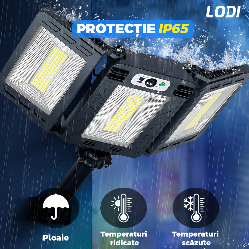 Lampa Solara Stradala 240 LED-uri Lodi876, 3 capete, control prin telecomanda, senzor de miscare, 3 moduri de iluminare, protectie IP65, Waterproof, exterior, negru