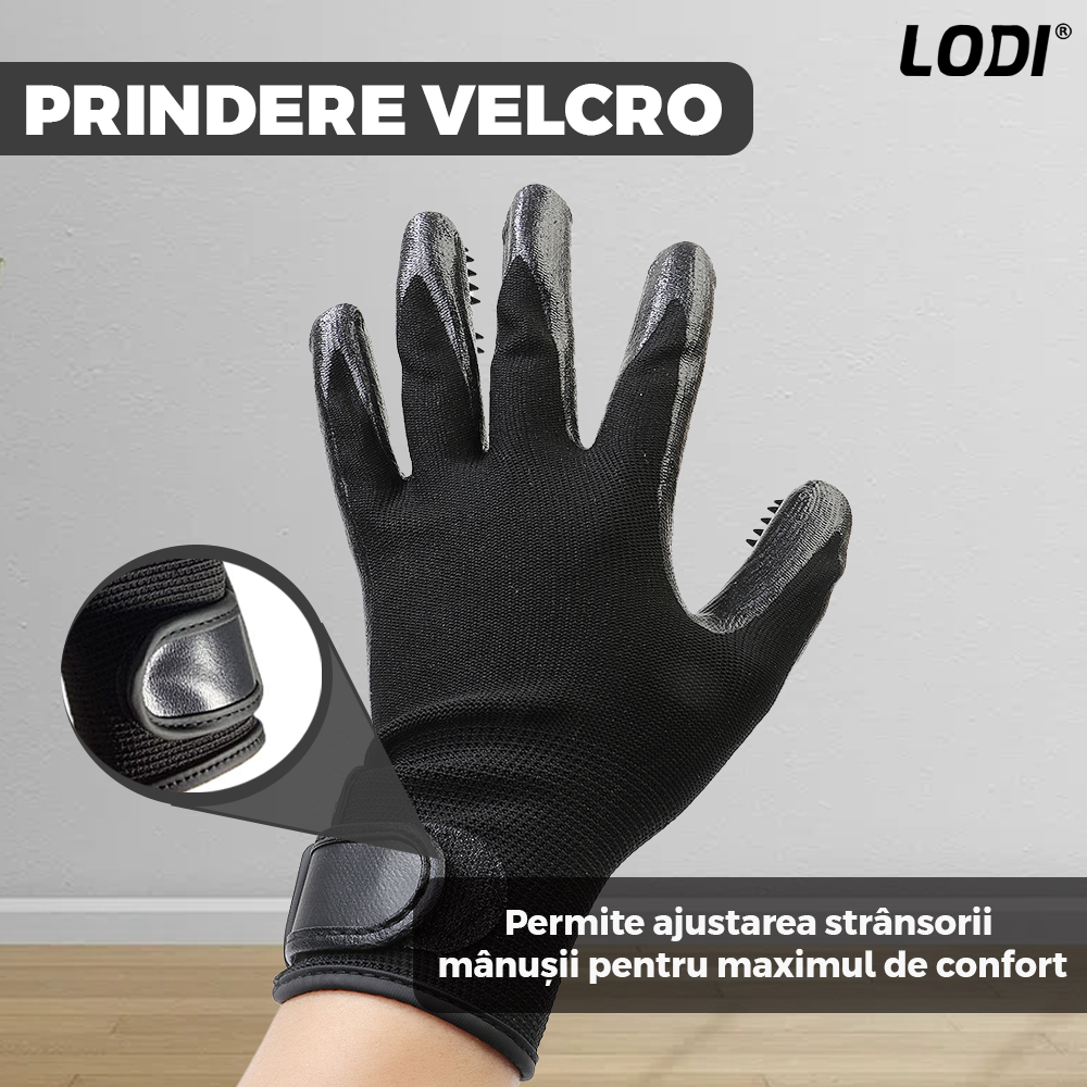 Set 2 Manusi Perii de Ingrijire si Curatare Caini, Pisici si Alte Animale de Companie Lodi422, periaj si masaj, prindere velcro, 25.5 x 13.5 cm, negru