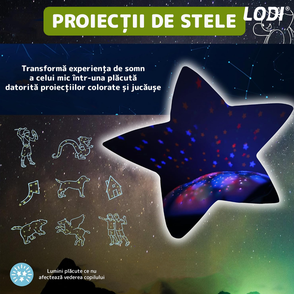 Lampa de Veghe Testoasa Lodi1431, proiector de lumini, 8 constelatii, lumina RBG, 2 cantece de adormit copiii, pufoasa si moale, mod inchidere automata, verde/galben