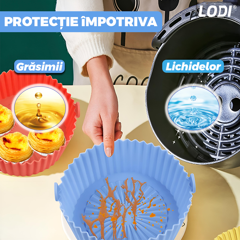 Tava de Copt Rotunda Lodi987, pentru friteuza/cuptor/microunde, antiaderenta, rezistenta la temperaturi inalte, 21 x 17 cm, albastru