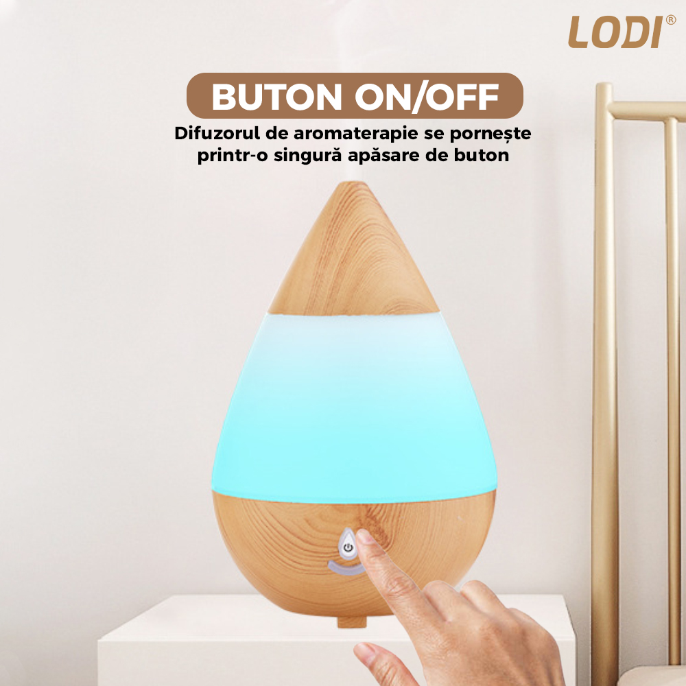 Difuzor Aromaterapie Lodi214, 7 culori LED, lumini dinamice, buton on/off, capacitate 235ml, silentios, umidifica aerul, stejar deschis