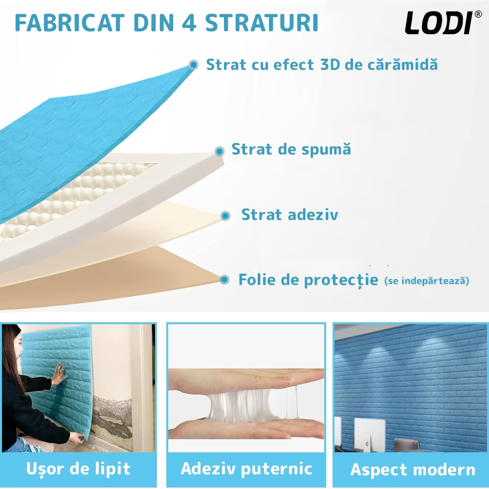 Set Tapet Mic Caramida 3D Lodi106, suprafata acoperire 3.31 mp, autoadeziv, waterproof, usor de montat, design modern, 38.5x34 cm, albastru