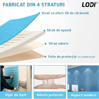 Set Tapet Mic Caramida 3D Lodi106, suprafata acoperire 3.31 mp, autoadeziv, waterproof, usor de montat, design modern, 38.5x34 cm, albastru