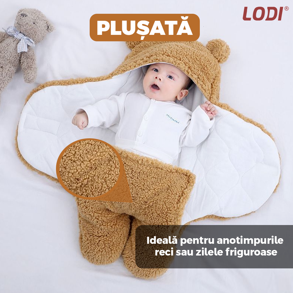 Paturica Pufoasa pentru Bebe Lodi498, calduroasa, in forma de ursulet pentru infasat bebelusi, prindere velcro, 0-6 luni, maro