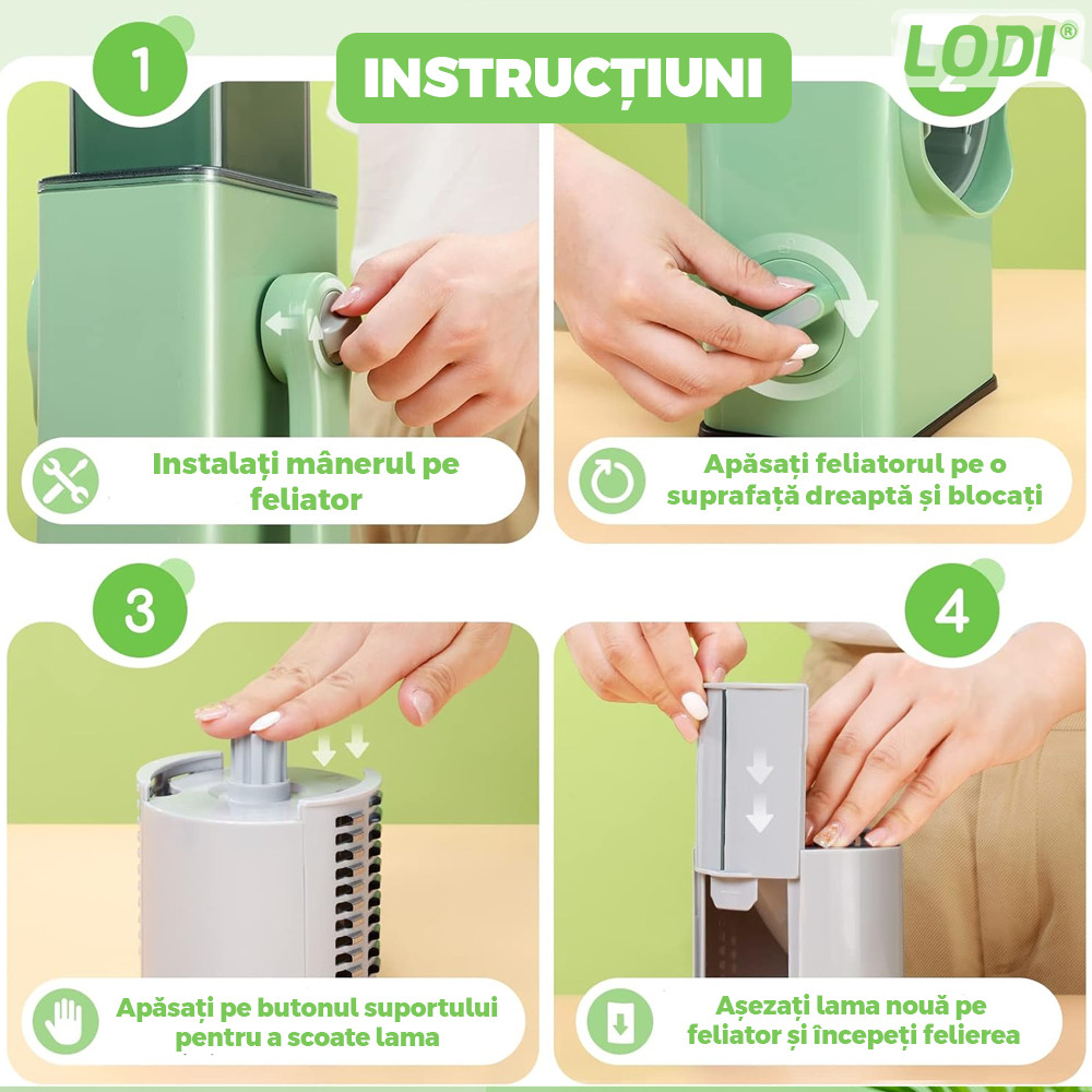 Feliator Manual Lodi1454, pentru fructe/legume/branzeturi moi, 6 lame interschimbabile, usor de utilizat, baza antialunecare cu buton de vacuum, piese detasabile, verde