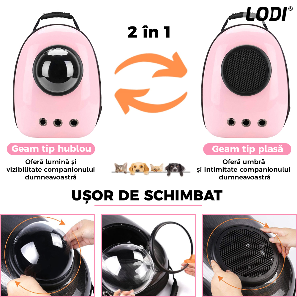 Rucsac Transport Animale Lodi23, greutate Max 7kg, hublou transparent, buzunar lateral, accesorii incluse, pentru talie mica, roz