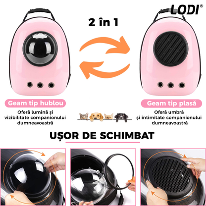 Rucsac Transport Animale Lodi23, greutate Max 7kg, hublou transparent, buzunar lateral, accesorii incluse, pentru talie mica, roz