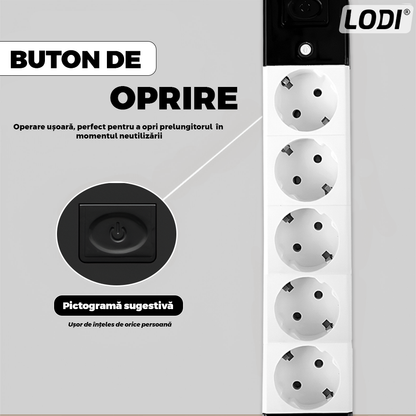 Prelungitor Lodi1281, 5 prize, intrerupator, suport de agatare incorporat, rezistent la temperaturi inalte, universal, lungime 5 metri, negru/alb