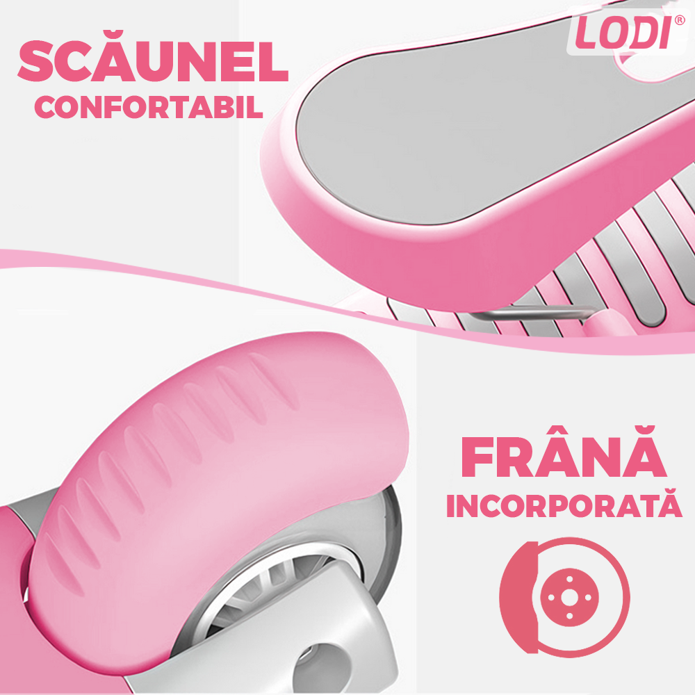 Trotineta pentru Copii 2 in 1 Lodi1113, scaunel incorporat, lumini,3 roti, cosulet frontal, anti-aluncare, inaltime ajustabila, stabila, frana, incorporata, 3-11 ani, roz