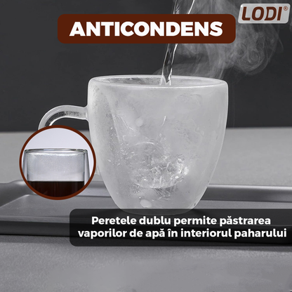 Set4 Cani de Sticla cu Perete Dublu Lodi1001, model inimioara, 4 farfurii suport, design modern, termorezistente, capacitate 250 ml, 9 x 8 cm