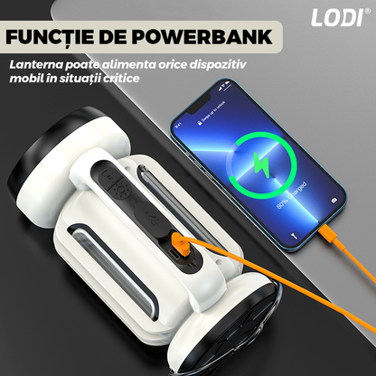 Lanterna LED 2 in 1 Lodi1082, tip felinar, multifunctionala, 3 surse de lumina, luminozitate ajustabila, functie de power bank, alimentare la retea, tehnologie LED+COB, alb