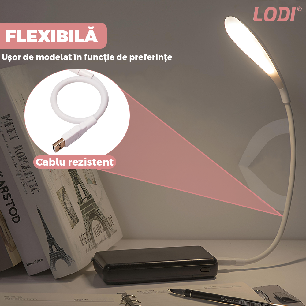 Mini Lampa Led Lodi1006, alimentare USB, lumina pentru citit, flexibila, portabila, compatibilitate universala, roz