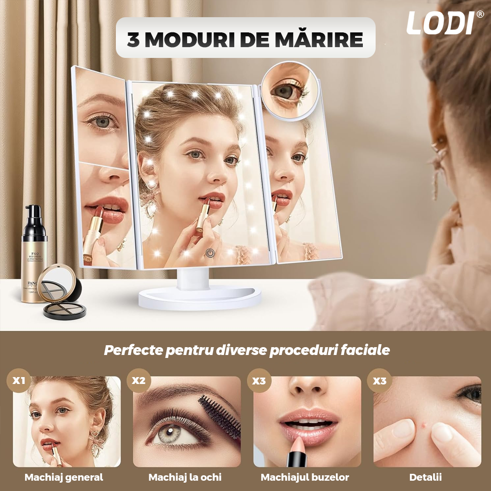 Oglinda Cosmetica pentru Machiaj Lodi1455, 4 moduri de marire, 22 becuri LED, control tactil, pliabila, rotativa la 180 de grade, alimentare pe baterii sau USB, suport de machiaje, alb