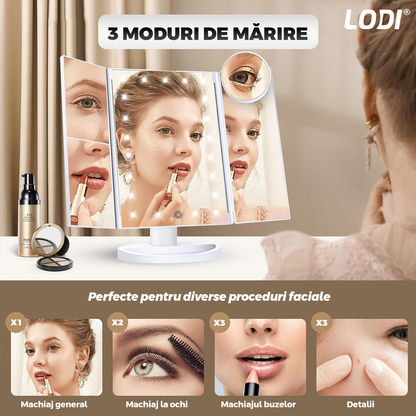 Oglinda Cosmetica pentru Machiaj Lodi1455, 4 moduri de marire, 22 becuri LED, control tactil, pliabila, rotativa la 180 de grade, alimentare pe baterii sau USB, suport de machiaje, alb