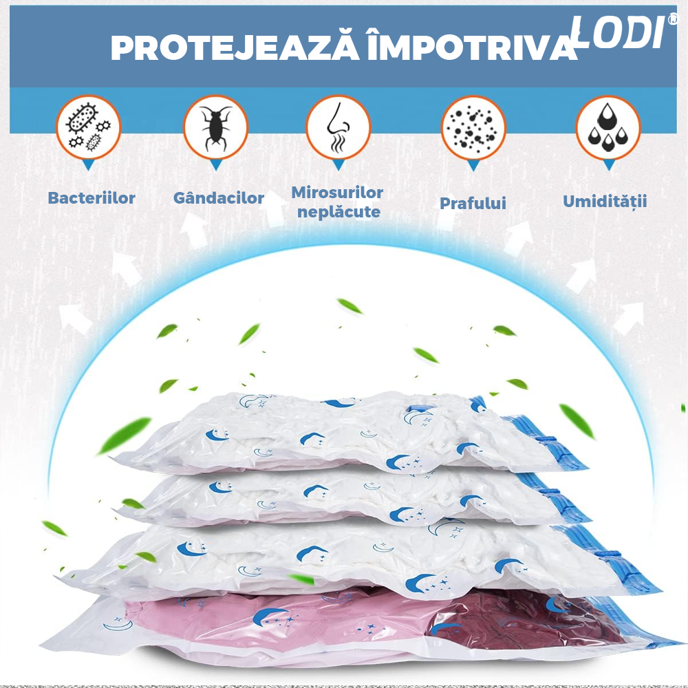 Set 12 Saci de Vidat Lodi1414, pentru imbracaminte, pilote, perne, rezistenti, valva tripla, materiale calitative, protectie waterproof, reutilizabili, vidare prin vacuum, 4 marimi, transparent/albastru