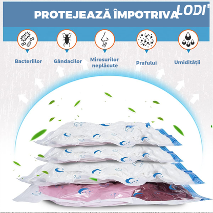 Set 12 Saci de Vidat Lodi1414, pentru imbracaminte, pilote, perne, rezistenti, valva tripla, materiale calitative, protectie waterproof, reutilizabili, vidare prin vacuum, 4 marimi, transparent/albastru