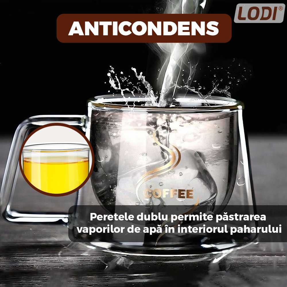 Set 4 Cani de Sticla cu Perete Dublu Lodi1004, model COFFEE, design modern, termorezistente, capacitate 200 ml, 12 x 8 cm