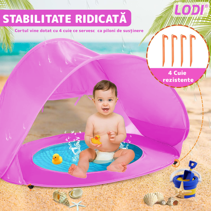 Cort Portabil de Vara pentru Bebelusi Lodi1098, adapost impermeabil pentru plaja, cu piscina, protectie UV si UPF 50+, multifunctional, 117x79x70 cm, roz